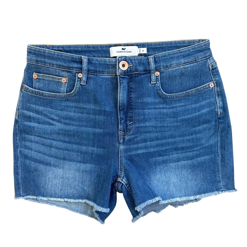 Vineyard Vines High Rise Medium Wash Raw Fringe Hem Zipper Fly Denim Shorts 30